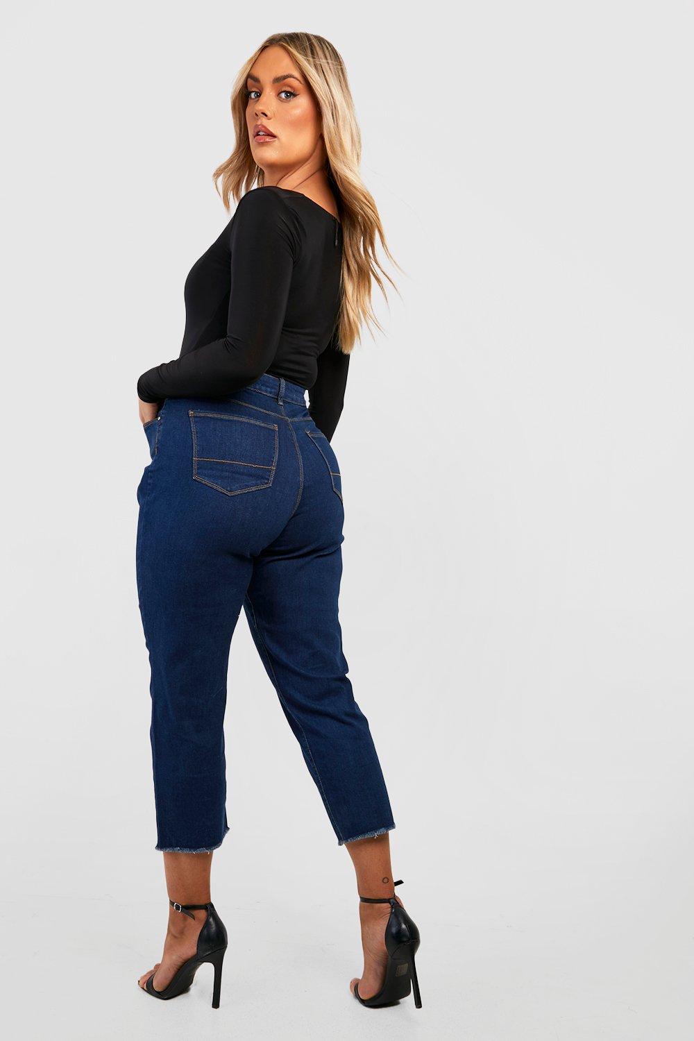 Plus Raw Hem Cropped Mom Jeans